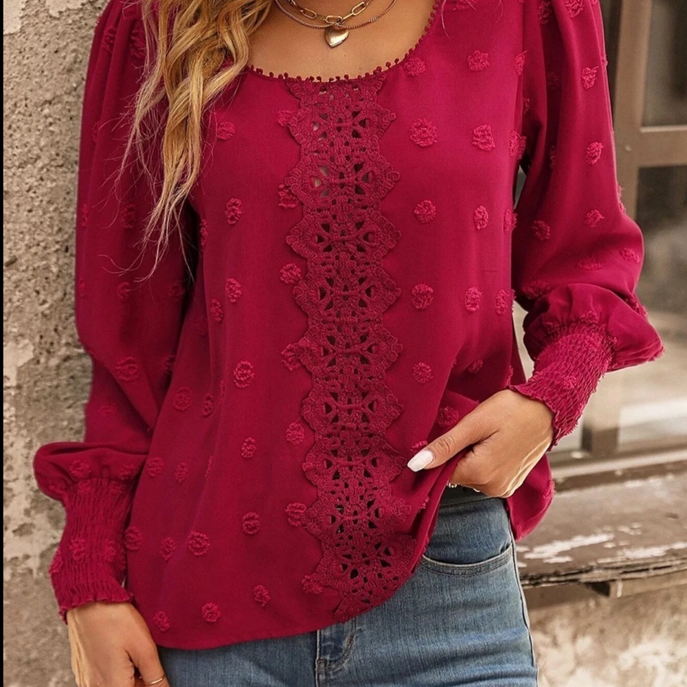Women's Burgundy Crochet-Trim Blouse